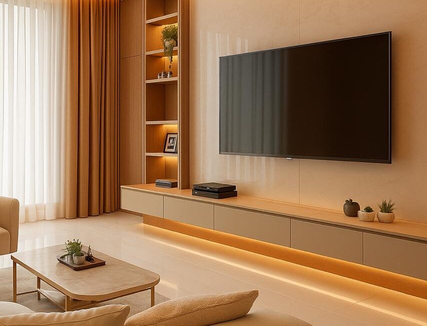 Sala moderna com painel de TV planejado, rack suspenso, nichos iluminados e acabamento sofisticado da Casa V.
