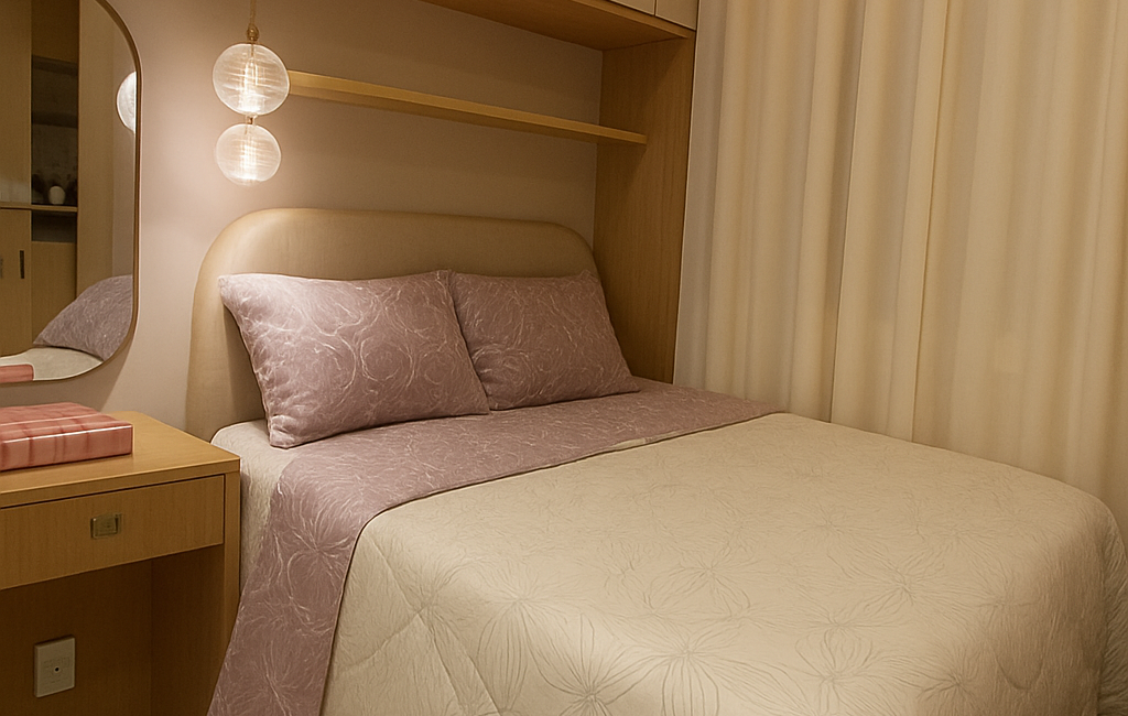 Quarto planejado com cama de casal, armário aéreo e iluminação embutida – Casa V Montagem