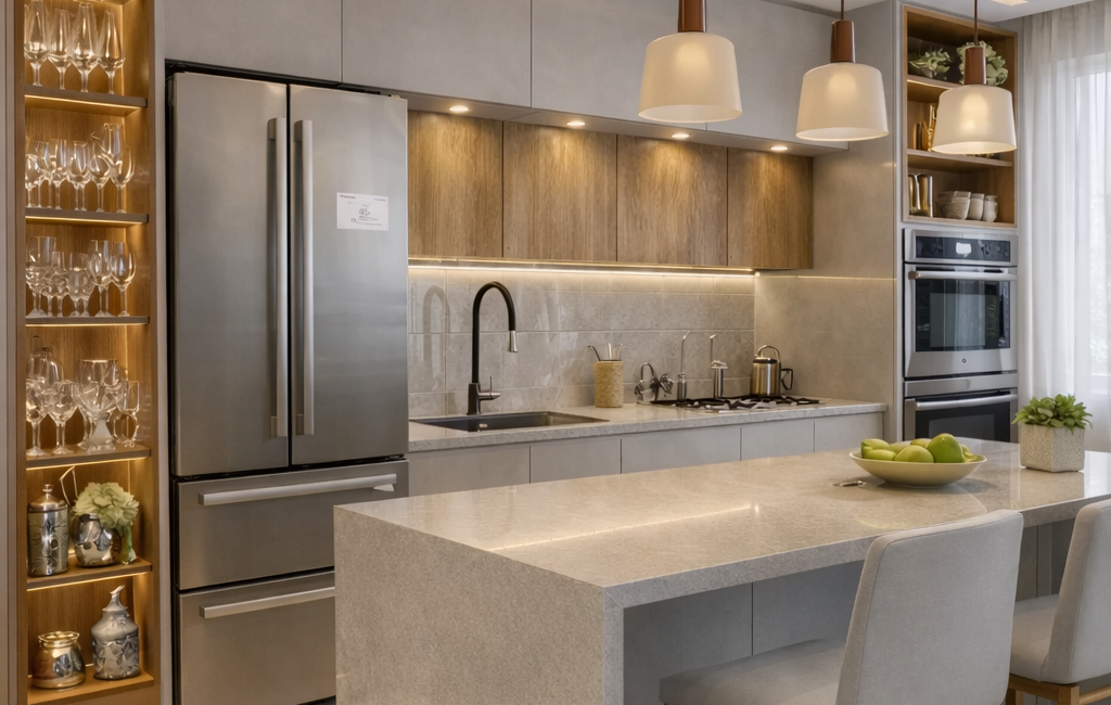 Cozinha planejada moderna com marcenaria sob medida e acabamentos claros