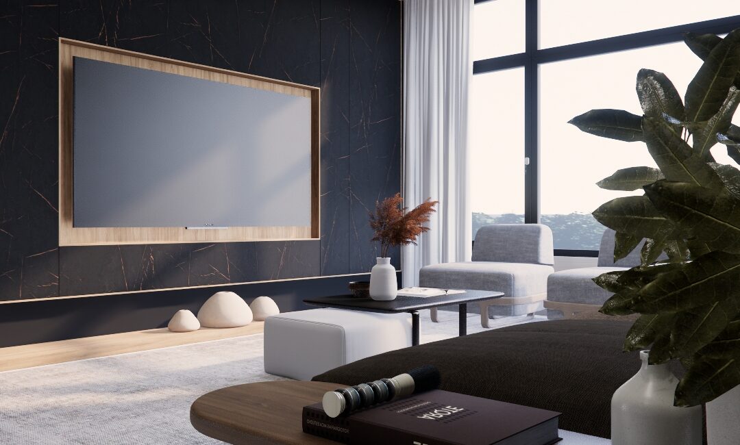 Living com painel de TV em madeira e revestimento escuro, mobiliário planejado e decoração contemporânea com iluminação natural.