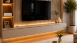 Sala sob medida com painel ripado, iluminação indireta, nichos decorativos e móvel planejado para TV.