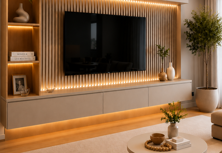 Sala sob medida com painel ripado, iluminação indireta, nichos decorativos e móvel planejado para TV.