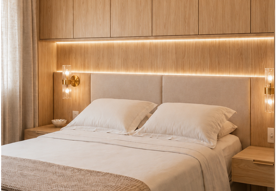 Dormitório planejado com móveis sob medida na cor Maraú e detalhes em Sal Rosa, iluminação em LED integrada e design moderno aconchegante.