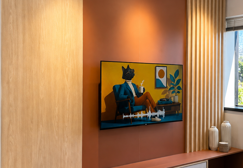 Sala planejada moderna no showroom Studio V com painel terracota, madeira, palhinha e painel ripado